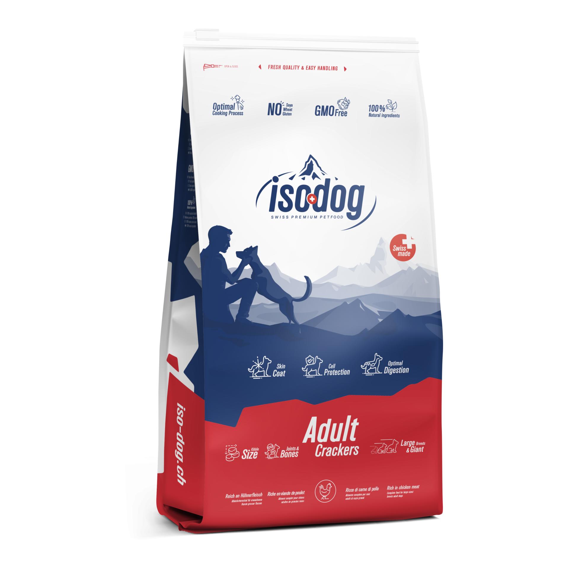 Image of Iso-Dog Adult Crackers Large&Giant Breed Trockenfutter aus der Schweiz - Blau/Weiss/Rot - bei myluckydog.ch