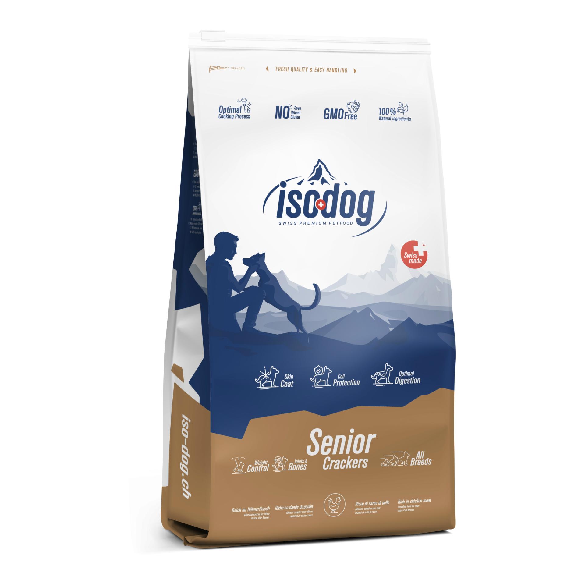 Image of Iso-Dog Senior Crackers Trockenfutter aus der Schweiz - Braun/Blau/Weiss - bei myluckydog.ch