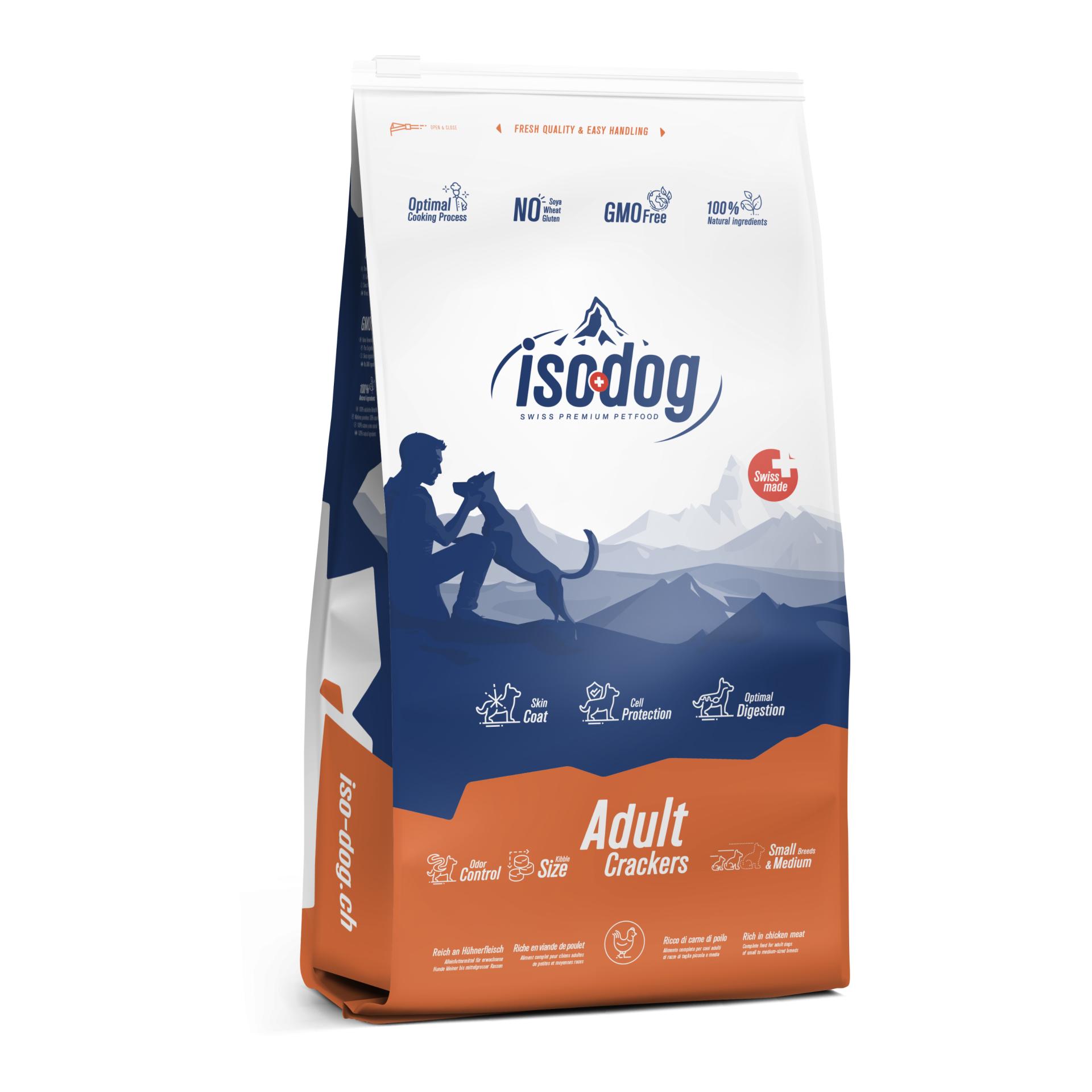 Image of Iso-Dog Adult Crackers Small&Medium Breeds Trockenfutter aus der Schweiz - Braun/Blau/Weiss - bei myluckydog.ch